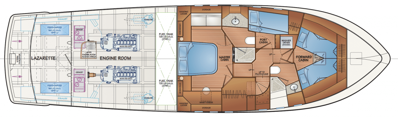 Engine room w/accommodation - option C - v-berths in forward cabin (shown w/optional man R6-800 engines)